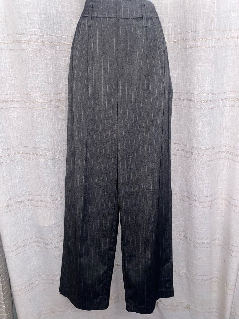 A New Day Charcoal Flattering Grey Pinstripe Wide Leg Pleated Trousers Pants 2